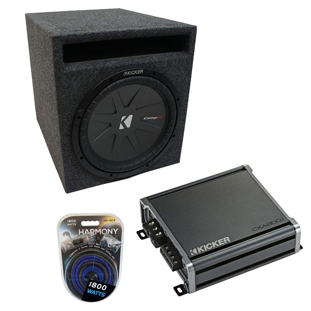 Harmony Audio HA-AK4 4 Gauge 1800W Amp Kit, Kicker 43CWR154 800W RMS 4 Ohm DVC Subwoofer, 46CXA8001 1600W Peak Sub Amplifier and ASC 1X15VMBASS Single 15" SPL Bass Sub Box