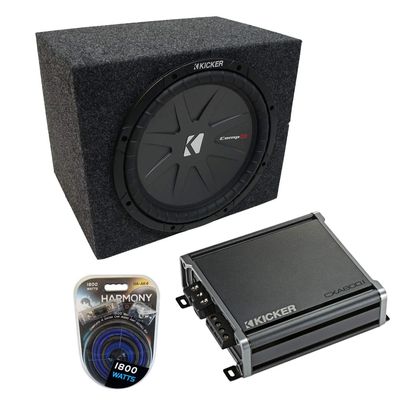 HA-AK4 4 Gauge 1800W Amp Kit, Kicker 43CWR154 15" CompR CWR15 Series 800W RMS 4 Ohm DVC Sub, 46CXA8001 1600W Peak Sub Amp and ASC RF115H Single 15" Sealed Sub Box 5/8" MDF Wood