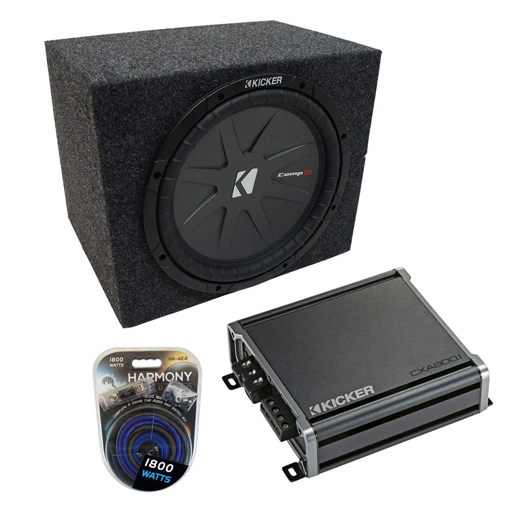 HA-AK4 4 Gauge 1800W Amp Kit, Kicker 43CWR154 15" CompR CWR15 Series 800W RMS 4 Ohm DVC Sub, 46CXA8001 1600W Peak Sub Amp and ASC RF115H Single 15" Sealed Sub Box 5/8" MDF Wood