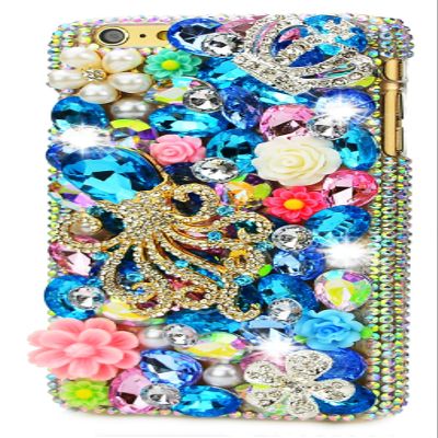 STENES Bling Phone Case Compatible with iPod Touch (6th Generation) Case - Luxurious Crystal 3D Handmade Sparkle Diamond Rhinestone Clear Cover - Crown Octopus Flowers/Blue