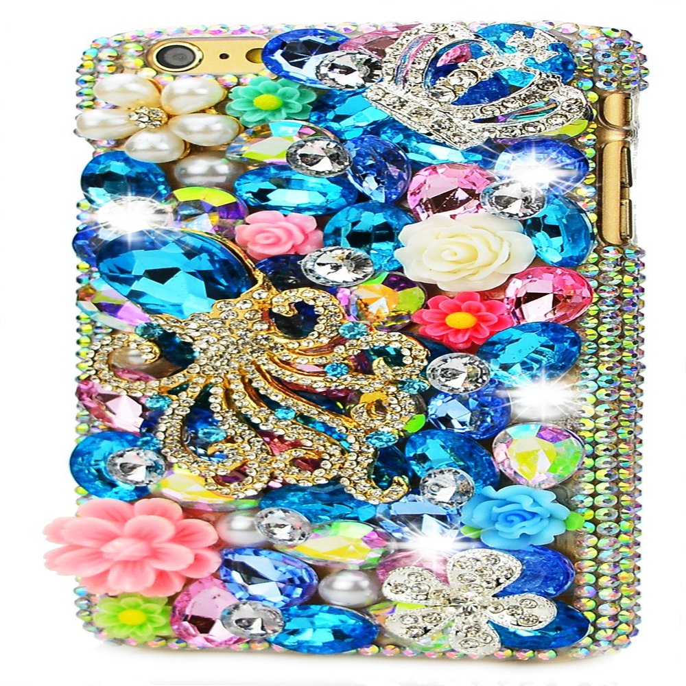 STENES Bling Phone Case Compatible with iPod Touch (6th Generation) Case - Luxurious Crystal 3D Handmade Sparkle Diamond Rhinestone Clear Cover - Crown Octopus Flowers/Blue