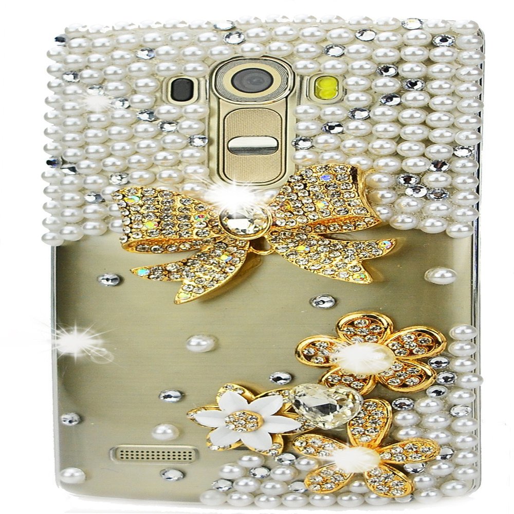 STENES Bling Phone Case Compatible with LG Phoenix 2 Case, Luxurious Crystal 3D Handmade Sparkle Diamond Rhinestone Clear Cover - Bowknot Flowers/Clear