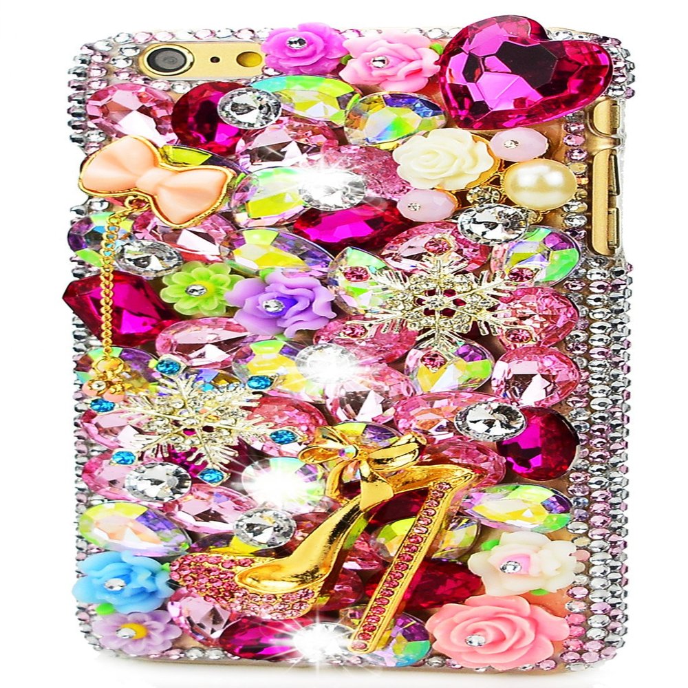 STENES Bling Phone Case Compatible with iPod Touch (6th Generation) Case - Luxurious Crystal 3D Handmade Sparkle Diamond Rhinestone Clear Cover - Girls High Heel Bowknot Snow Flowers/Pink