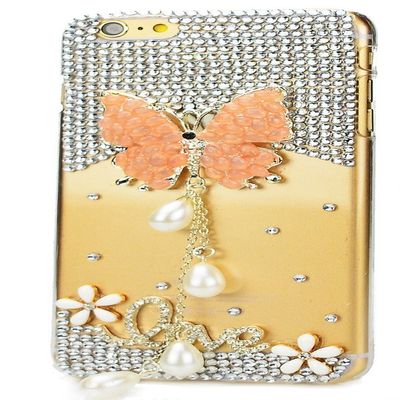 STENES Bling Phone Case Compatible with iPod Touch (6th Generation) Case - Luxurious Crystal 3D Handmade Sparkle Diamond Rhinestone Clear Cover - Pretty Butterfly Pearl Pendant Flowers Love/Orange