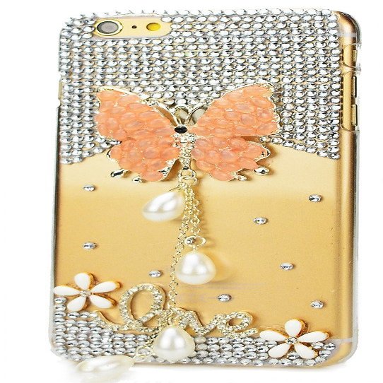 STENES Bling Phone Case Compatible with iPod Touch (6th Generation) Case - Luxurious Crystal 3D Handmade Sparkle Diamond Rhinestone Clear Cover - Pretty Butterfly Pearl Pendant Flowers Love/Orange