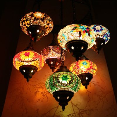 Multicolour Tiffany Turkish Moroccan Style Mosaic Hanging Light Hand Made 7 Globe