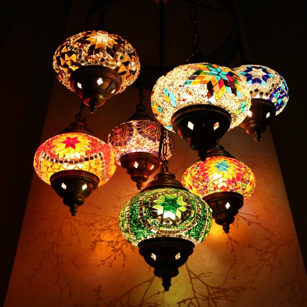 Multicolour Tiffany Turkish Moroccan Style Mosaic Hanging Light Hand Made 7 Globe