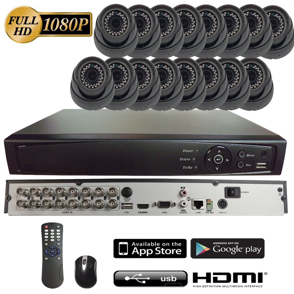 101AV 16CH 4in1 (TVI, AHD, Analog, IP) True Full HD 1080P Digital Video Recorder DVR w/ 1TB HDD+ 16 of 1080P 4in1 (TVI AHD CVI CVBS) 2.8-12mm lens WDR In/Outdoor Dome Cameras for Home Office Security
