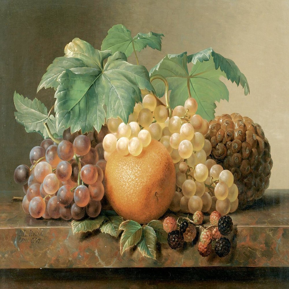 A Still Life of Grapes Blackberries Orange by Johan Laurentz Jensen Accent Tile Mural Kitchen Bathroom Wall Backsplash Behind Stove Range Sink Splashback One Tile 8"x6" Ceramic, Glossy