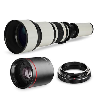 High-Power 650-2600mm f/8 Manual Telephoto Lens for Canon EOS 80D, 90D, Rebel T3i, T5, T6i, T7, T8i, SL3, 60D, 70D, 5D, 6D II, 7D II SLR Cameras - White