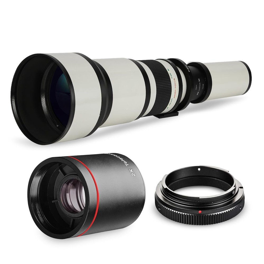 High-Power 650-2600mm f/8 Manual Telephoto Lens for Canon EOS 80D, 90D, Rebel T3i, T5, T6i, T7, T8i, SL3, 60D, 70D, 5D, 6D II, 7D II SLR Cameras - White