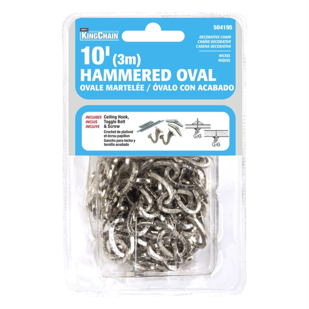 KingChain 504195 1/8-inch x 3 ft. Lightweight Decorative Hammered Oval Chain with 45 lb. Safe Working Load, Nickel Finish, for Hanging Baskets, Planters, Light Fixtures, Chandeliers