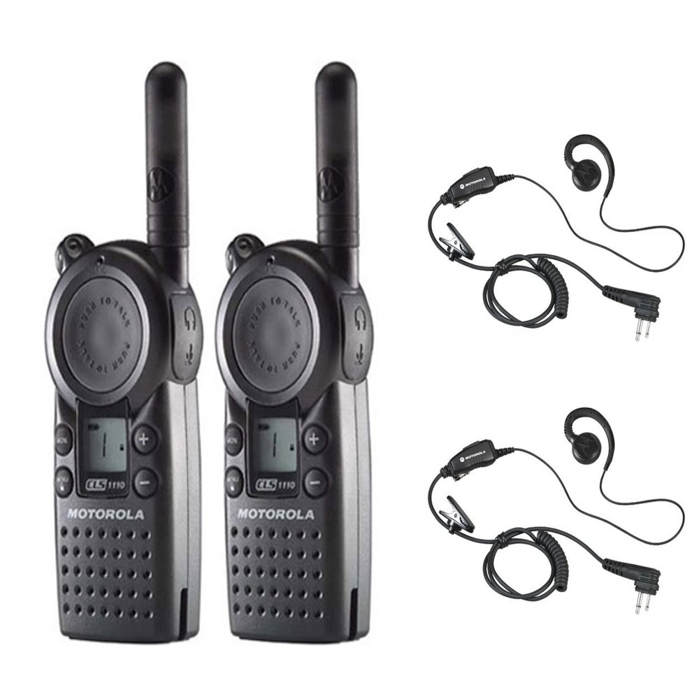 2 Pack of Motorola CLS1110 Radios with 2 Push To Talk (PTT) HKLN4604 earpieces.