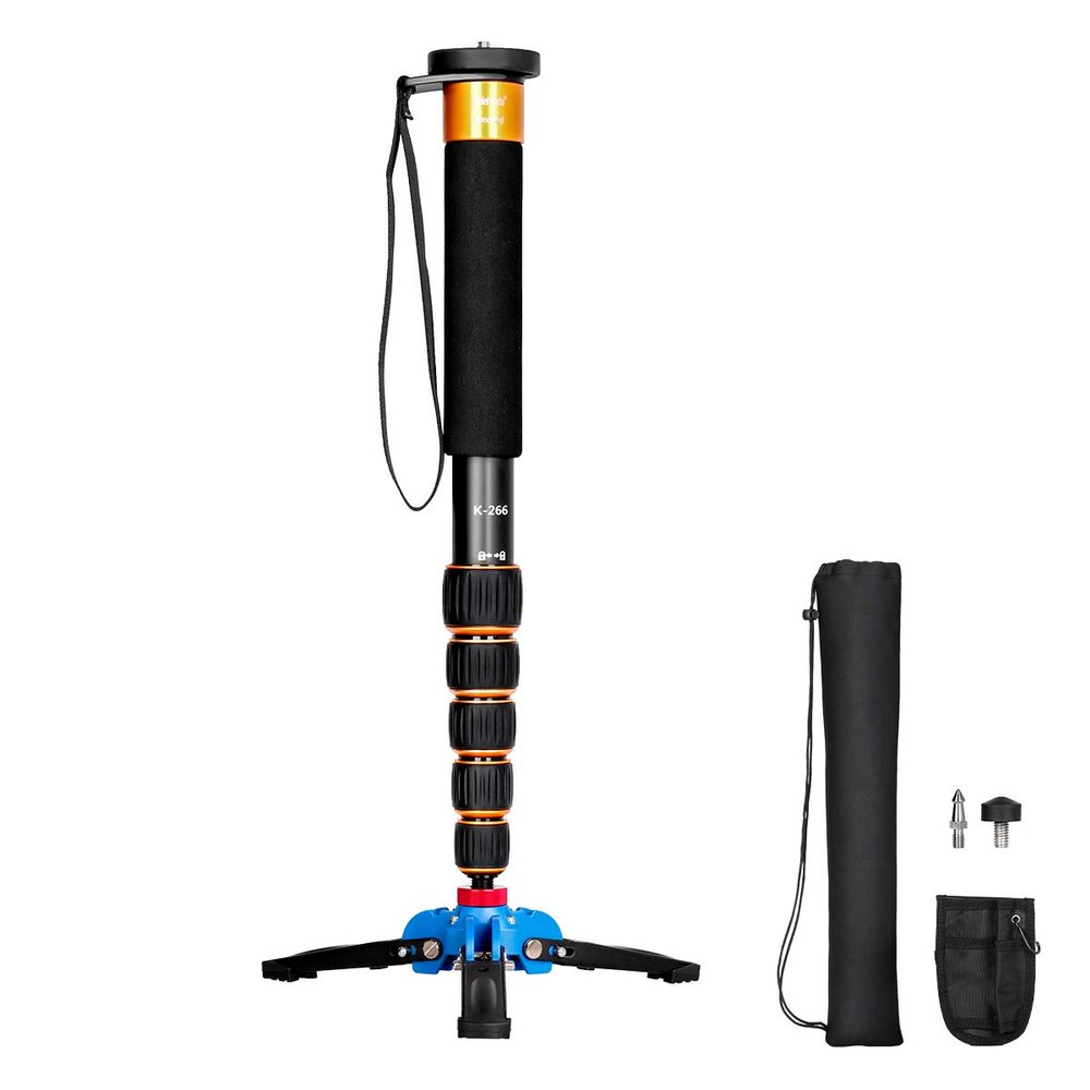 Koolehaoda Lightweight Portable 63-inches Camera Aluminium Monopod with Folding Three Feet Support Stand. 6-Section Leg, Leg max Diameter: 28MM, Folding Length: 42cm /16.5inch (K-266 Orange)