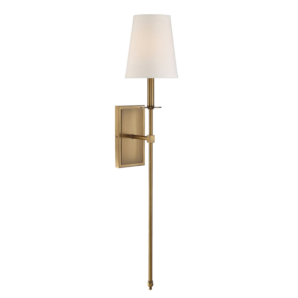 Savoy House 9-7144-1-322 Monroe Bohemian Vintage Soft White Fabric Wall Sconce, 1-Light 60 Watt, 34" H x 7" W, Warm Brass
