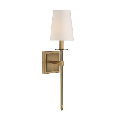 Savoy House 9-302-1-322 Monroe Bohemian Vintage Soft White Fabric Wall Sconce, 1-Light 60 Watt, 20" H x 5" W, Warm Brass