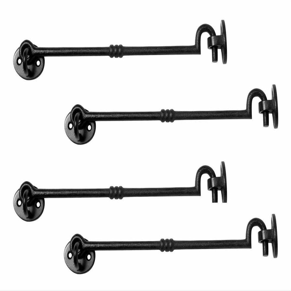 Renovators Supply Black Wrought Iron Cabin Hook Eye 11 Inches Long Large Decorative Privacy Hook Door Latches for Kitchen Cabinet, Windows, Sliding Or Barn Doors with Mounting Screws Pack of 4