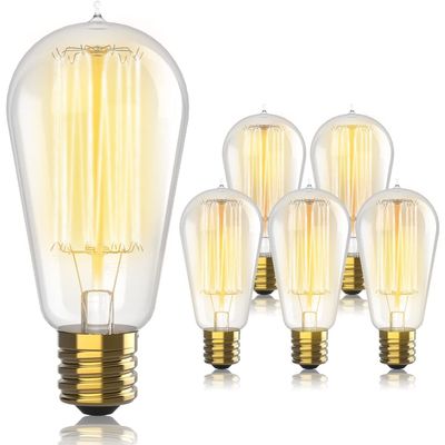 Hudson Bulb Co. Vintage Incandescent Edison Light Bulbs, 60W, E26/E27 Base, 2100K Dimmable Decorative Lights, ST58 Style Warm Glow, Antique Squirrel Filament for Outdoor and Indoor Use - 6 Pack
