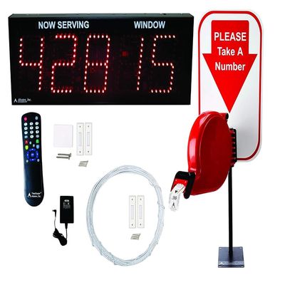 Alzatex Multi-Window Take-a-Number System Showing 3-Digit Ticket Number and 2-Digit Window Number for Waiting Line Management