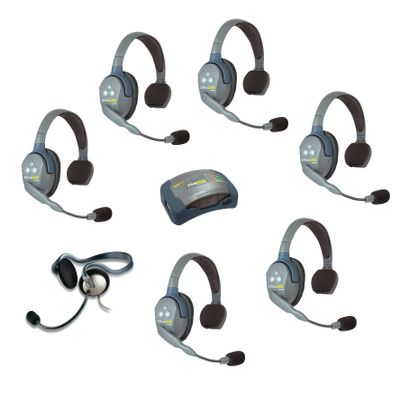 Eartec HUB7SMON UltraLITE Wireless System 2 Way Radio License-Free for 7 Users - 1 HUB Transceiver Base, 1 Monarch Over-Ear Industrial Headset, 6-Pack of ULSR Single-Ear DECT 6.0 Headsets