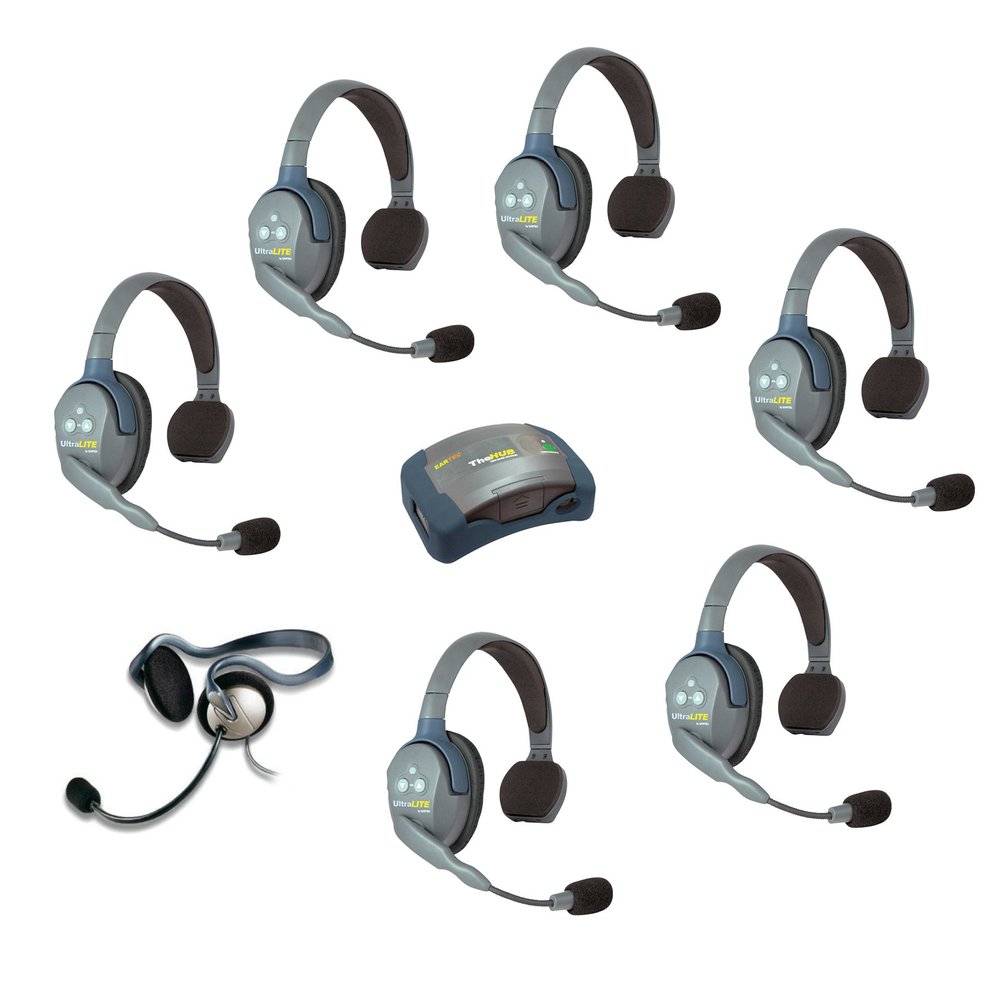 Eartec HUB7SMON UltraLITE Wireless System 2 Way Radio License-Free for 7 Users - 1 HUB Transceiver Base, 1 Monarch Over-Ear Industrial Headset, 6-Pack of ULSR Single-Ear DECT 6.0 Headsets