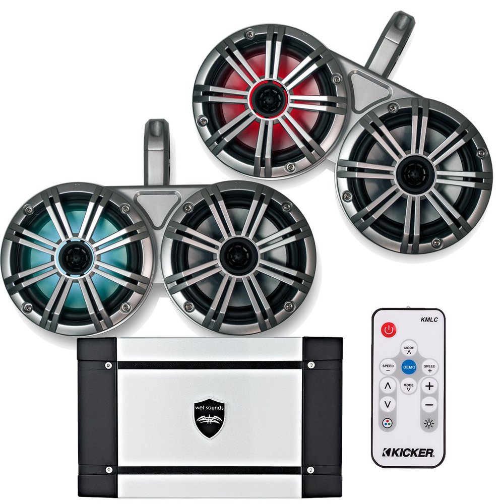 KICKER White Dual Wake Tower System w/ 4 Silver 6.5 LED Speakers, LED Remote and Wet Sounds HT-4 400 Watt Marine Amp