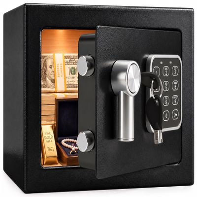 SereneLife Premium Steel Digital Safe Box - 9.1" x 6.7" x 6.7" | Secure Storage for Cash, Firearms & Jewelry | Great For Hotels, Cabinets & Home Use | Electronic & Mechanical Access | 2 Keys | Black