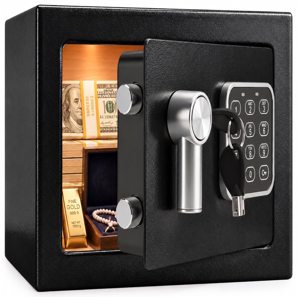 SereneLife Premium Steel Digital Safe Box - 9.1" x 6.7" x 6.7" | Secure Storage for Cash, Firearms & Jewelry | Great For Hotels, Cabinets & Home Use | Electronic & Mechanical Access | 2 Keys | Black
