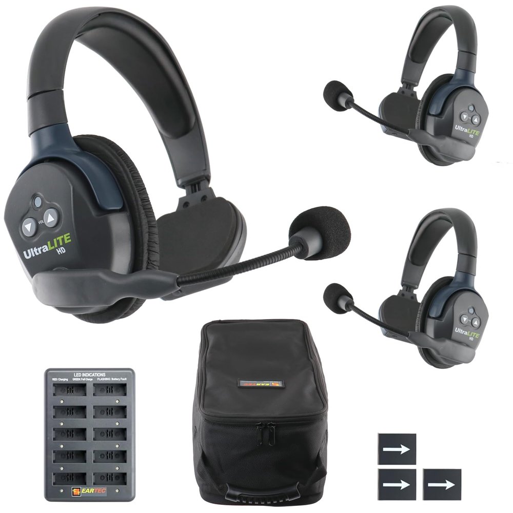 EARTEC UL3S Ultralite-HD 3-Person Full Duplex Wireless Intercom Headset Communication System, Single Ear Headsets, Up to 1000ft Range, U.S. Company