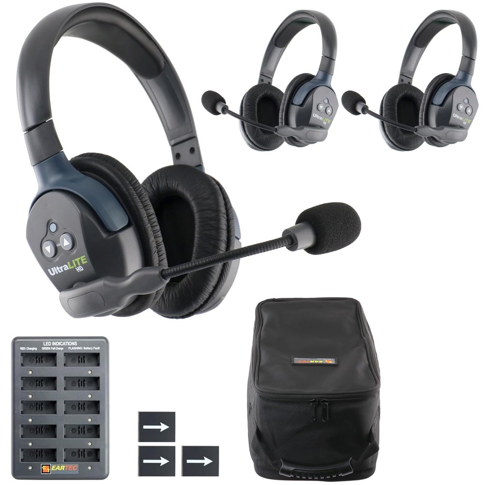 EARTEC UL3D Ultralite-HD 3-Person Full Duplex Wireless Intercom Headset Communication System, Dual Ear Headsets, Up to 1000ft Range, U.S. Company
