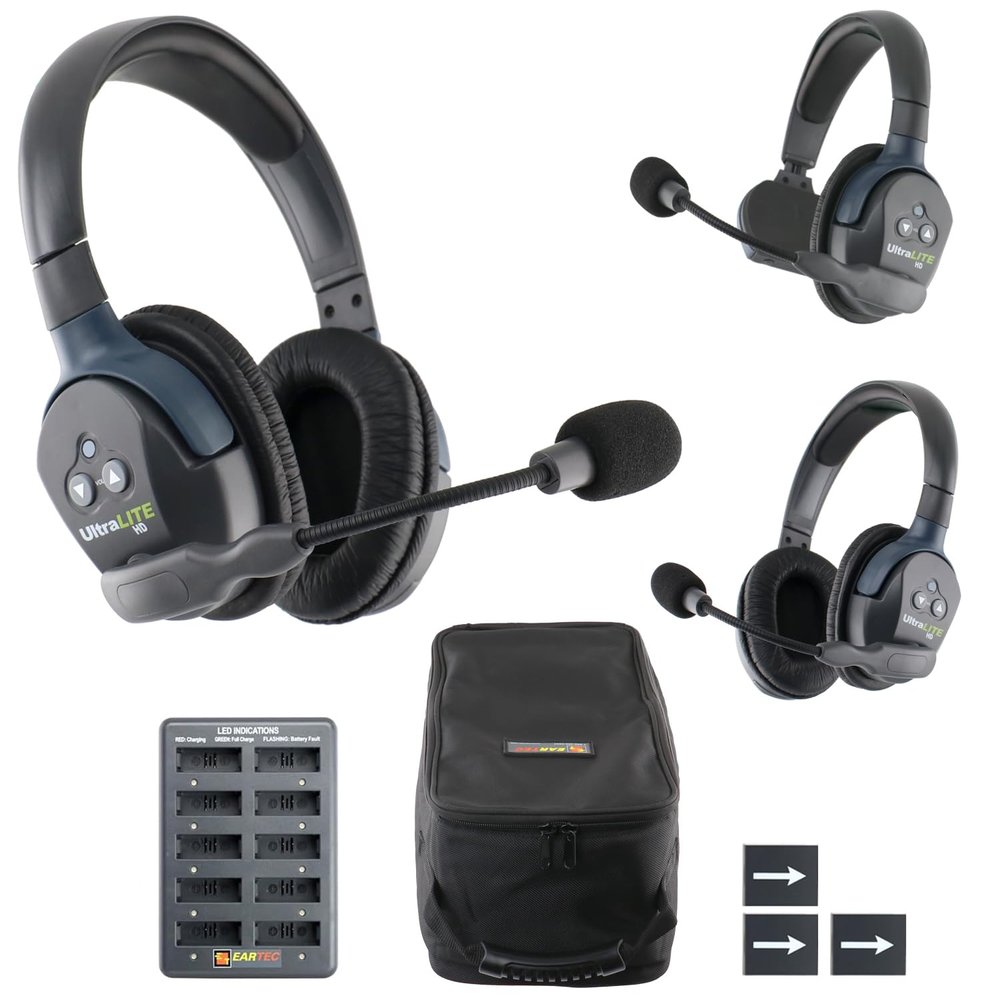 EARTEC UL321 Ultralite-HD 3-Person Full Duplex Wireless Intercom Headset Communication System, Single and Dual Ear Headsets, Up to 1000ft Range, U.S. Company