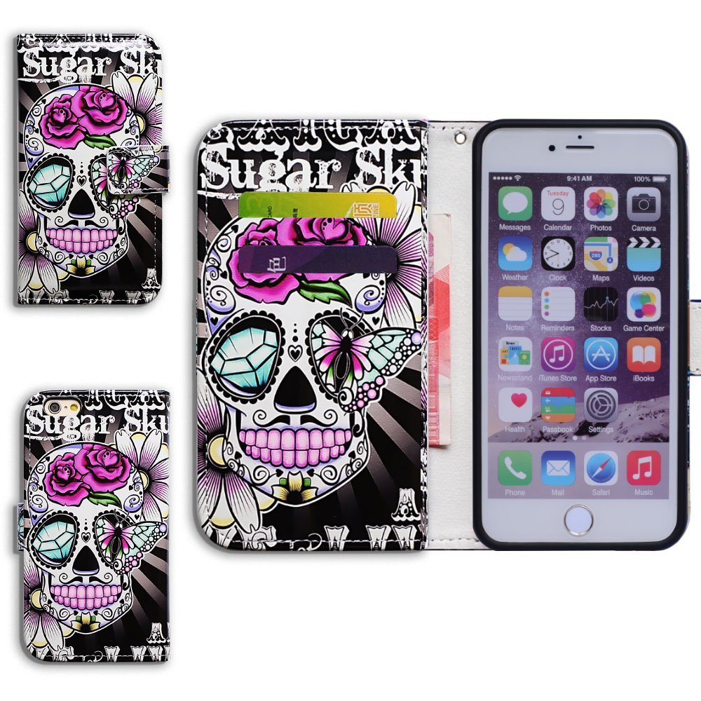 Bcov Case for iPod Touch 7/iPod Touch 6,Bcov Purple Flower Sugar Skull Wallet Flip Leather Cover Case with Credit Card ID Card Slot Holder Kickstand for iPod Touch 7/6/5