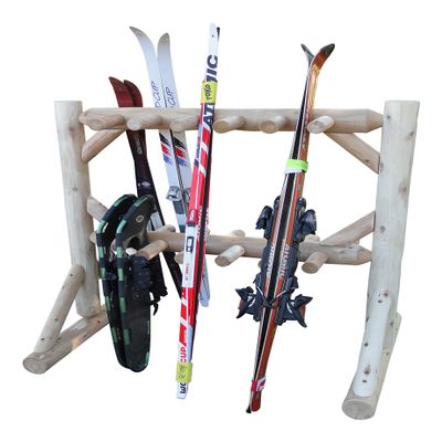11-Place Freestanding Log Ski Rack Holder, Indoor & Outdoor Snowboard Racks, Standing Storage, Garage Racks for Snow Skis, Durable Snowboard Rack Garage Storage Organizer - Unfinished
