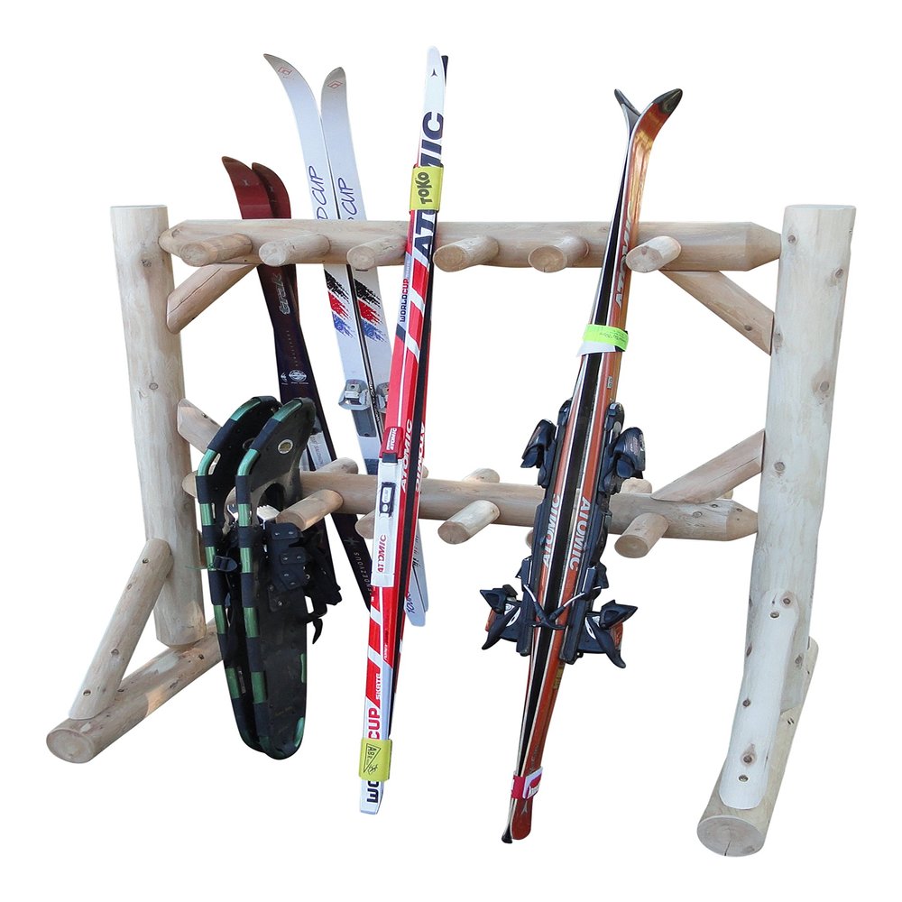 11-Place Freestanding Log Ski Rack Holder, Indoor & Outdoor Snowboard Racks, Standing Storage, Garage Racks for Snow Skis, Durable Snowboard Rack Garage Storage Organizer - Unfinished