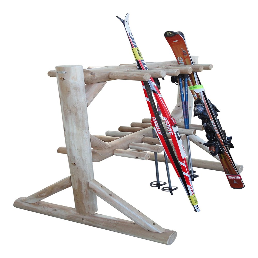 17-Place Freestanding Log Ski Rack Holder, Indoor & Outdoor Snowboard Racks, Standing Storage, Garage Racks for Snow Skis, Durable Snowboard Rack Garage Storage Organizer - Natural