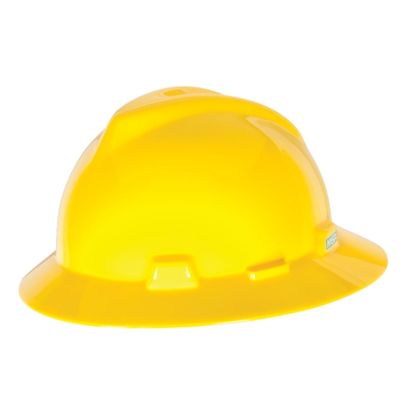 MSA 10058318 V-Gard Full-Brim Hard Hat With 1-Touch Suspension | Polyethylene Shell, Superior Impact Protection, Self Adjusting Crown Straps - Standard Size in Yellow
