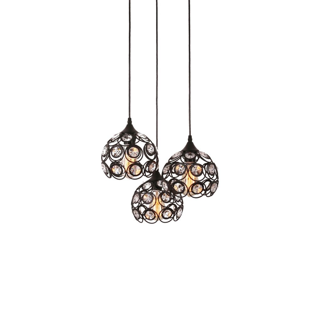 Unitary Brand Antique Black Metal Crystal Hollow Multi Pendant Light with 3 E26 Bulb Sockets 120W Painted Finish
