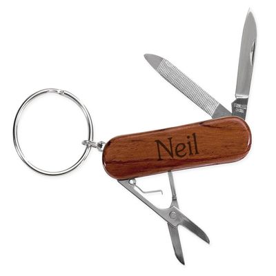 Dimension 9 Personalized Laser Engraved Key Ring Pocket Tool with 3 Functions, Neil, Rosewood