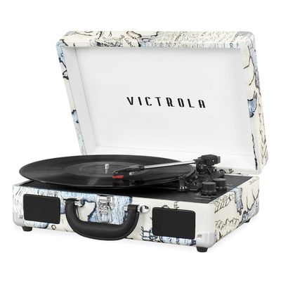 Victrola Journey Bluetooth Portable Suitcase Record Player  with Built-in Speakers, 3 Speed Vinyl Record Player, RCA Out, Headphone Jack (Retro Map)