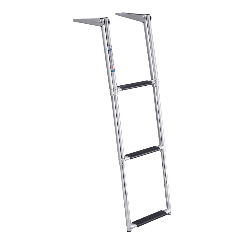 White Water - Telescoping 4-Step Over Platform Drop Ladder - 304 Stainless Steel Heavy Duty Folding Marine Boarding Ladder w/Bungee Strap for Boats, Swim Platforms, Yachts, RVs, Docks - B00351R