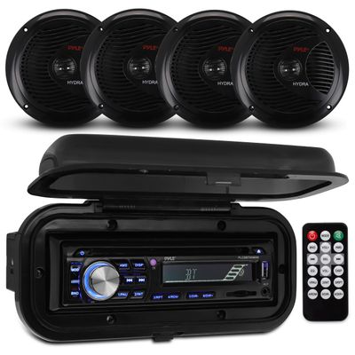 Pyle Wireless Bluetooth Marine Audio Stereo - Kit w/ Single DIN Universal Size Radio Receiver, Hands-Free Calling, 6.5" Waterproof Speakers, CD Player, MP3/USB/SD Readers & AM/FM Radio
