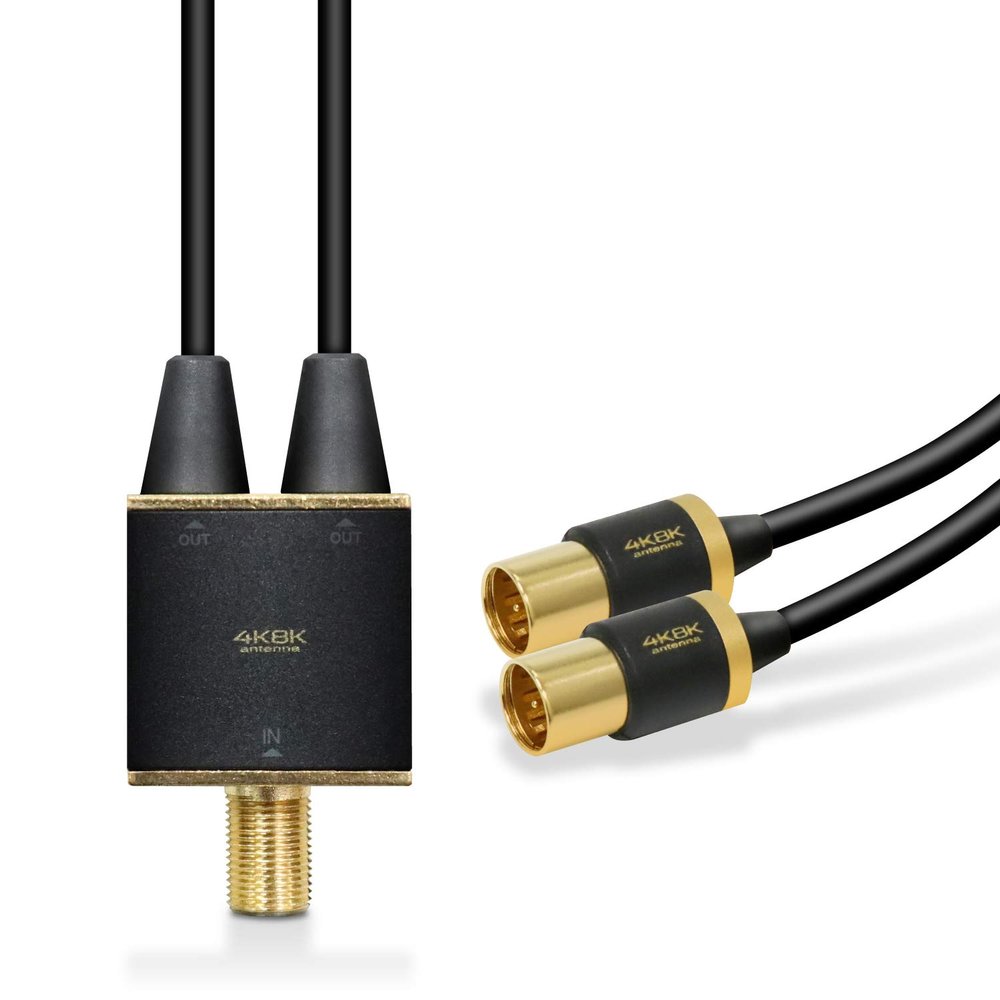 Elecom DH-ATD48K05BK Antenna Distributor, Compatible with 4K and 8K, Integrated Cable, 2 Terminals, Power Supply, Cable Length 1.6 ft (0.5 m), Black