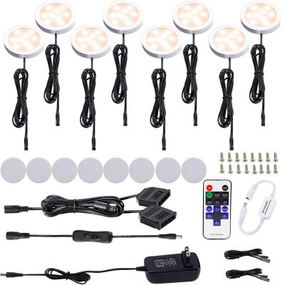 AIBOO Kitchen Under Cabinet Lighting LED 12Vdc 8 Pack Black Cord Aluminum Puck Lights for Counter Closet Furniture Shelf Lighting Dimmable with RF Wireless Remote Control(2700K Warm White)