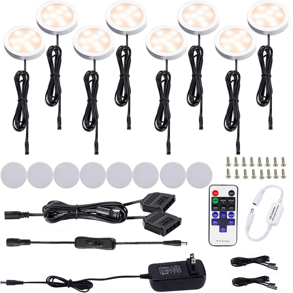 AIBOO Kitchen Under Cabinet Lighting LED 12Vdc 8 Pack Black Cord Aluminum Puck Lights for Counter Closet Furniture Shelf Lighting Dimmable with RF Wireless Remote Control(2700K Warm White)