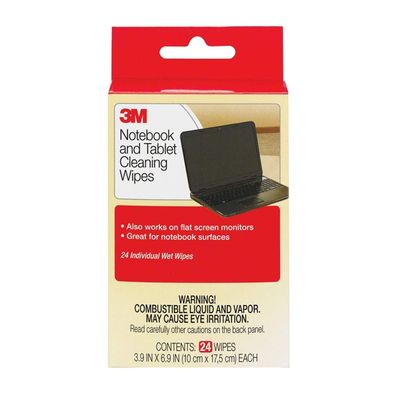 3M Notebook Screen Cleaning Wet Wipes, Cloth, 7 x 4, White, 24/Pack