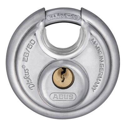 ABUS 28/60 Diskus Hardened Steel Storage Padlock with 2 Keys for Storage, Transport, and Home, 2.38in (60mm) Wide, Keyed Different