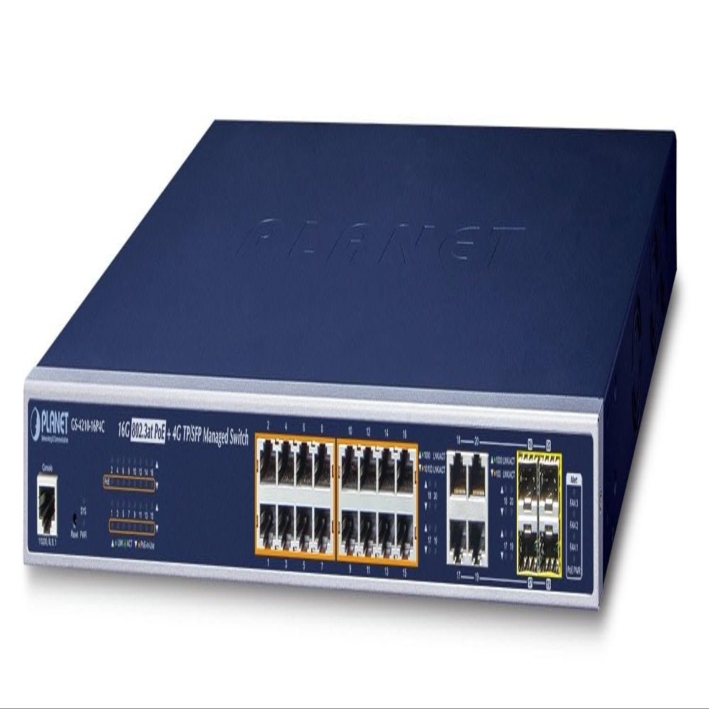 Planet IPv6/IPv4, 16-Port Managed 802.3at POE+ Gigabit Ethernet, GS-4210-16P4C (802.3at POE+ Gigabit Ethernet Switch + 4-Port Gigabit Combo TP/SFP (220W))