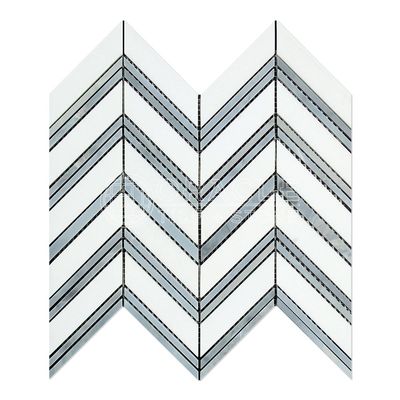 Thassos White Greek Marble Chevron Large (Blue & Gray Strips) Mosaic Tile, Honed