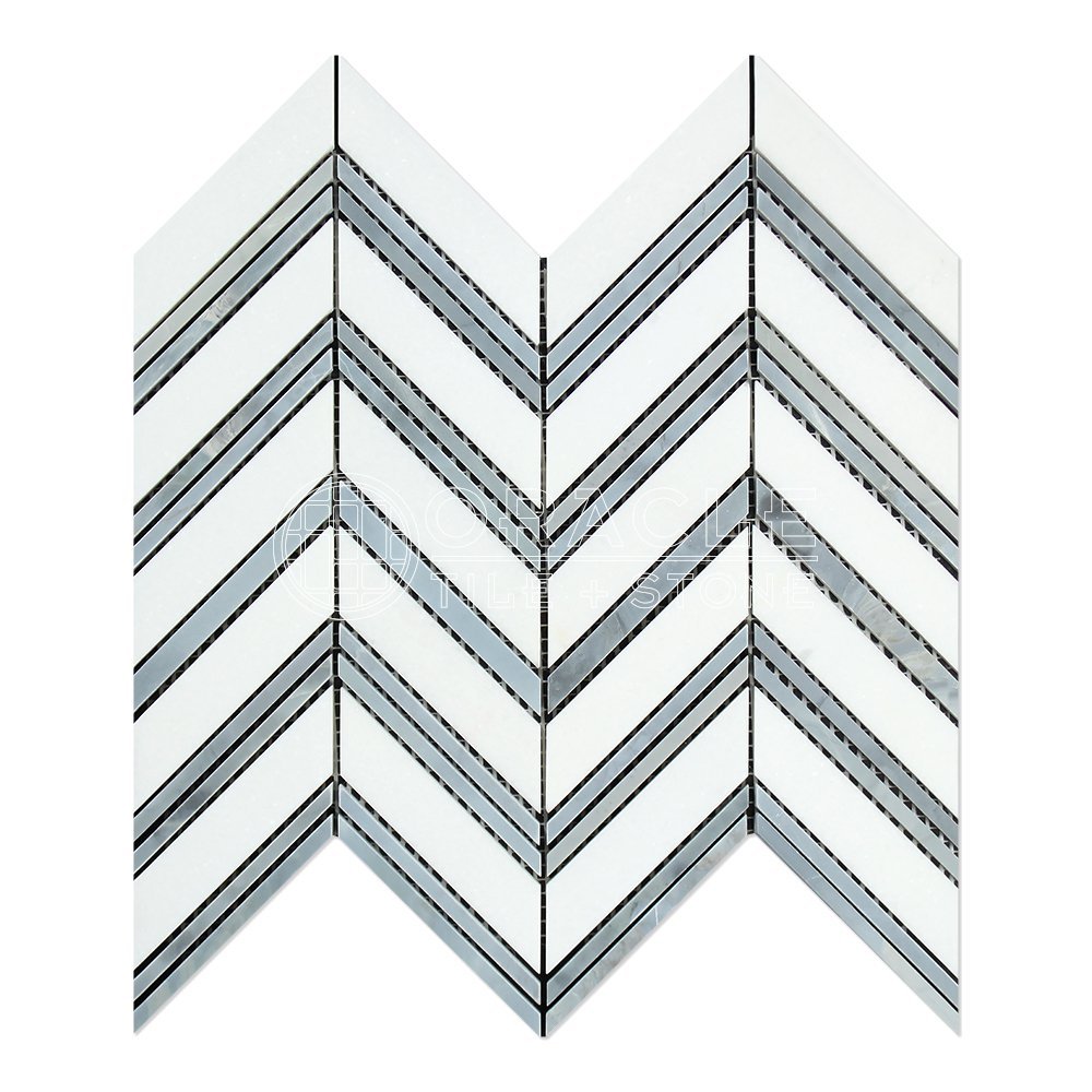 Thassos White Greek Marble Chevron Large (Blue & Gray Strips) Mosaic Tile, Honed