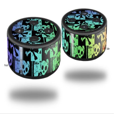 Skin Wrap Decal Set 2 Pack for Amazon Echo Dot 2 - Skull Checker Rainbow (2nd Generation ONLY - Echo NOT Included)